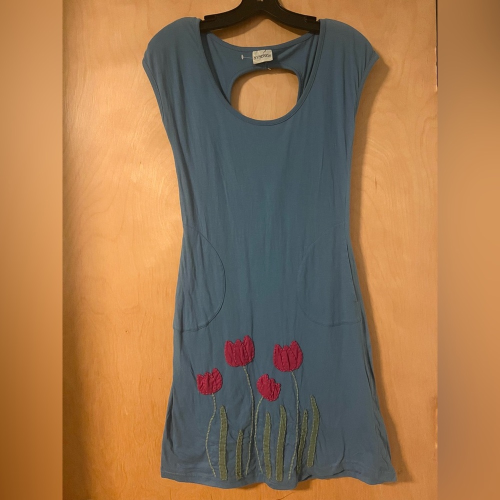 Synergy Sky Blue Dress with Embroidered Pink Tulips, 100% Organic Cotton